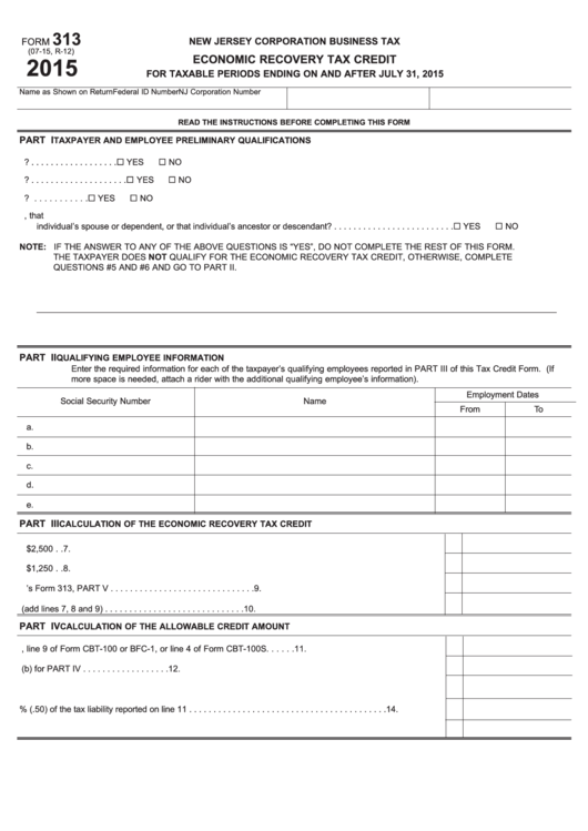 Fillable Form 313 Economic Recovery Tax Credit 2015 Printable Pdf 