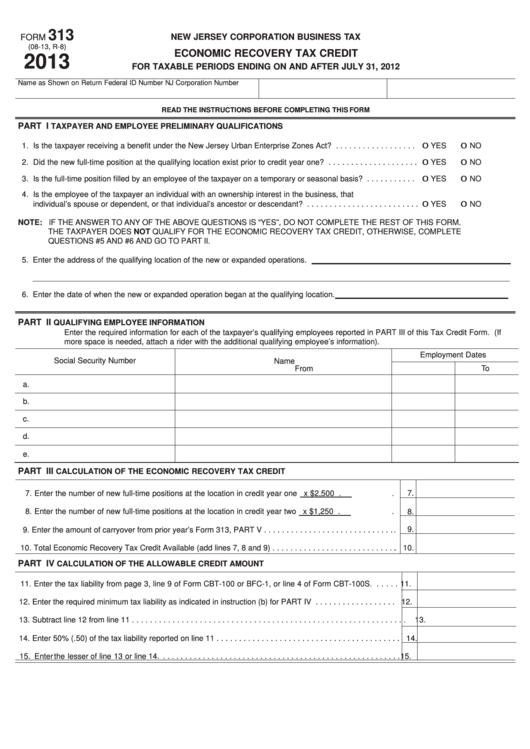 Form 313 Economic Recovery Tax Credit 2013 Printable Pdf Download