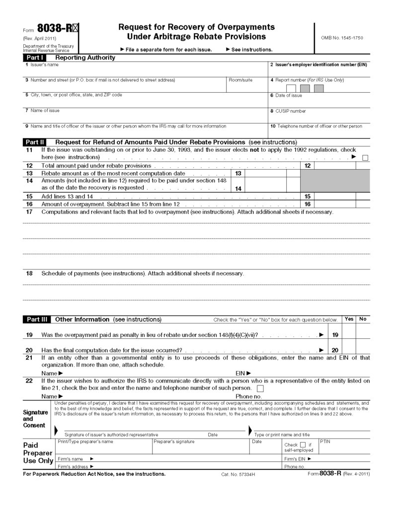 Form 8038 R Request For Recovery Of Overpayments Under Arbitrage Rebate 