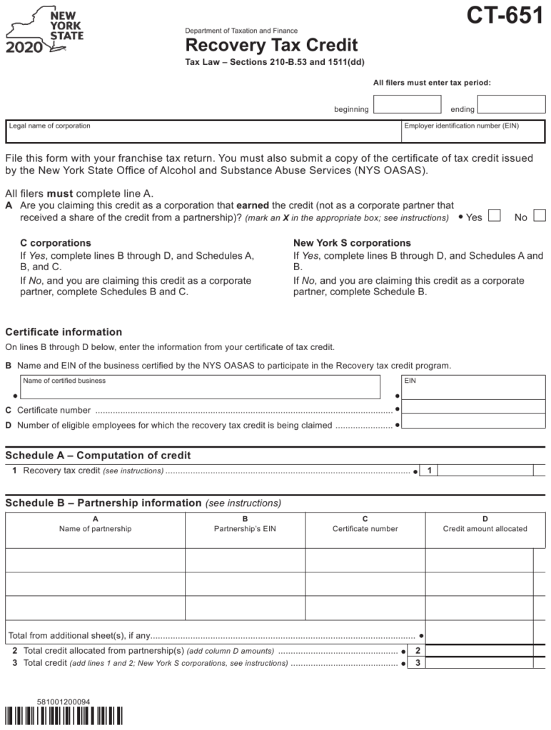 Form Ct 651 Download Printable Pdf Or Fill Online Recovery Tax Credit 