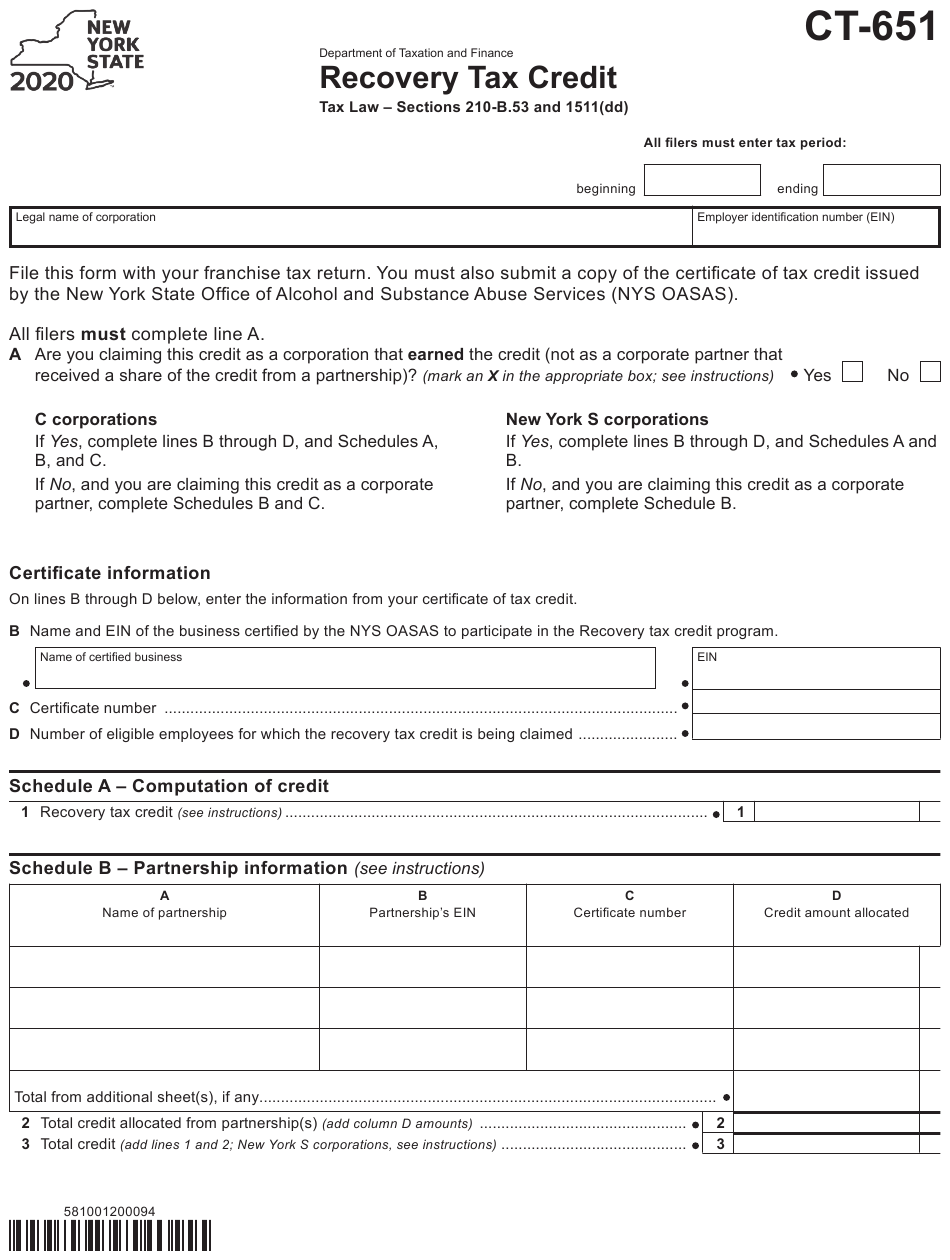 Form Ct 651 Download Printable Pdf Or Fill Online Recovery Tax Credit