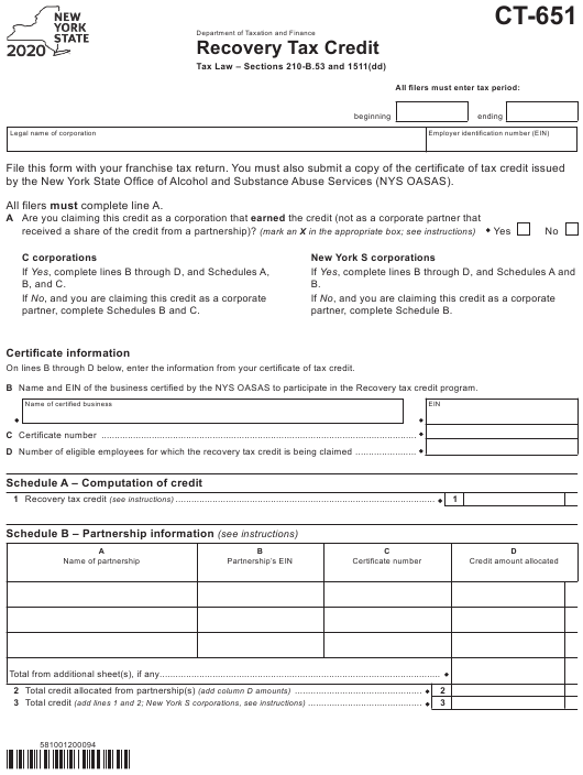 Form CT 651 Download Printable PDF Or Fill Online Recovery Tax Credit