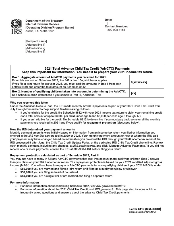 IRS Letters 6419 And 6475 For The Advanced Child Tax Credit And Third 