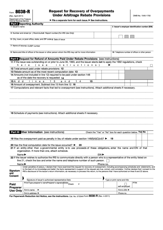 Fillable Form 8038 R Request For Recovery Of Overpayments Under 