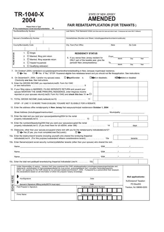 Form Tr 1040 X Amended Fair Rebate Application For Tenants 2004