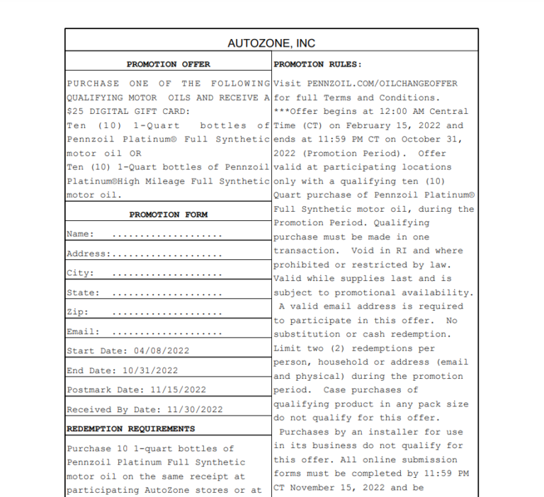 Pennzoil Rebate Form 2023 Printable Rebate Form