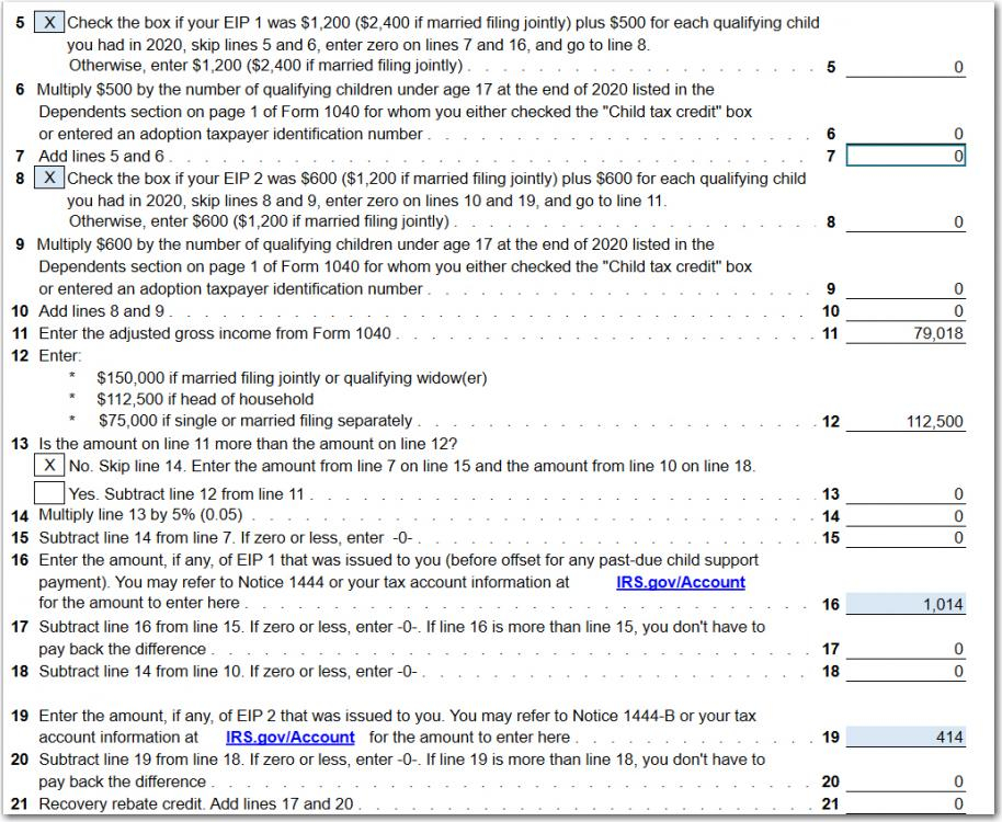 Recovery Rebate Credit Worksheet ATX Line 30 COVID 19 ATX Community