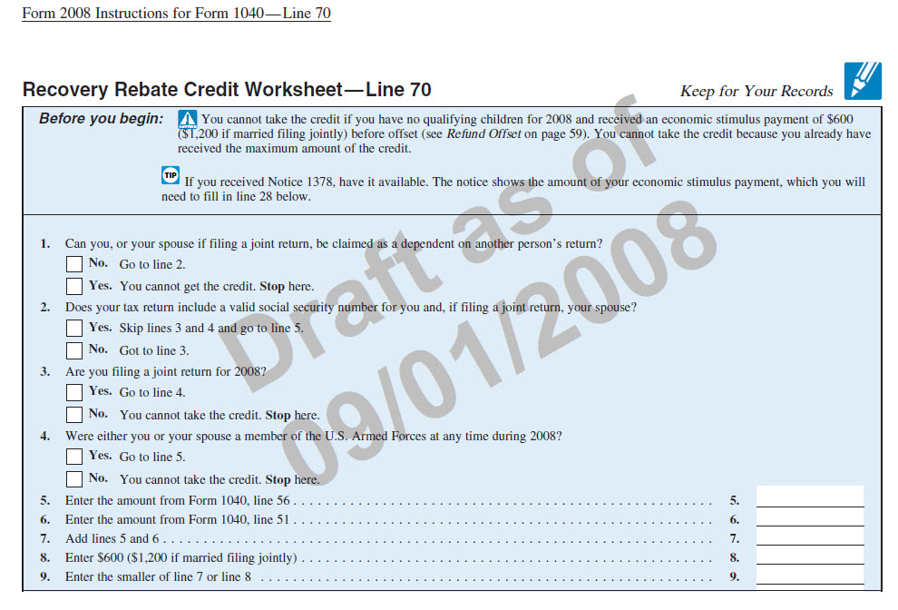 Recovery Rebate Credit Worksheet Pdf